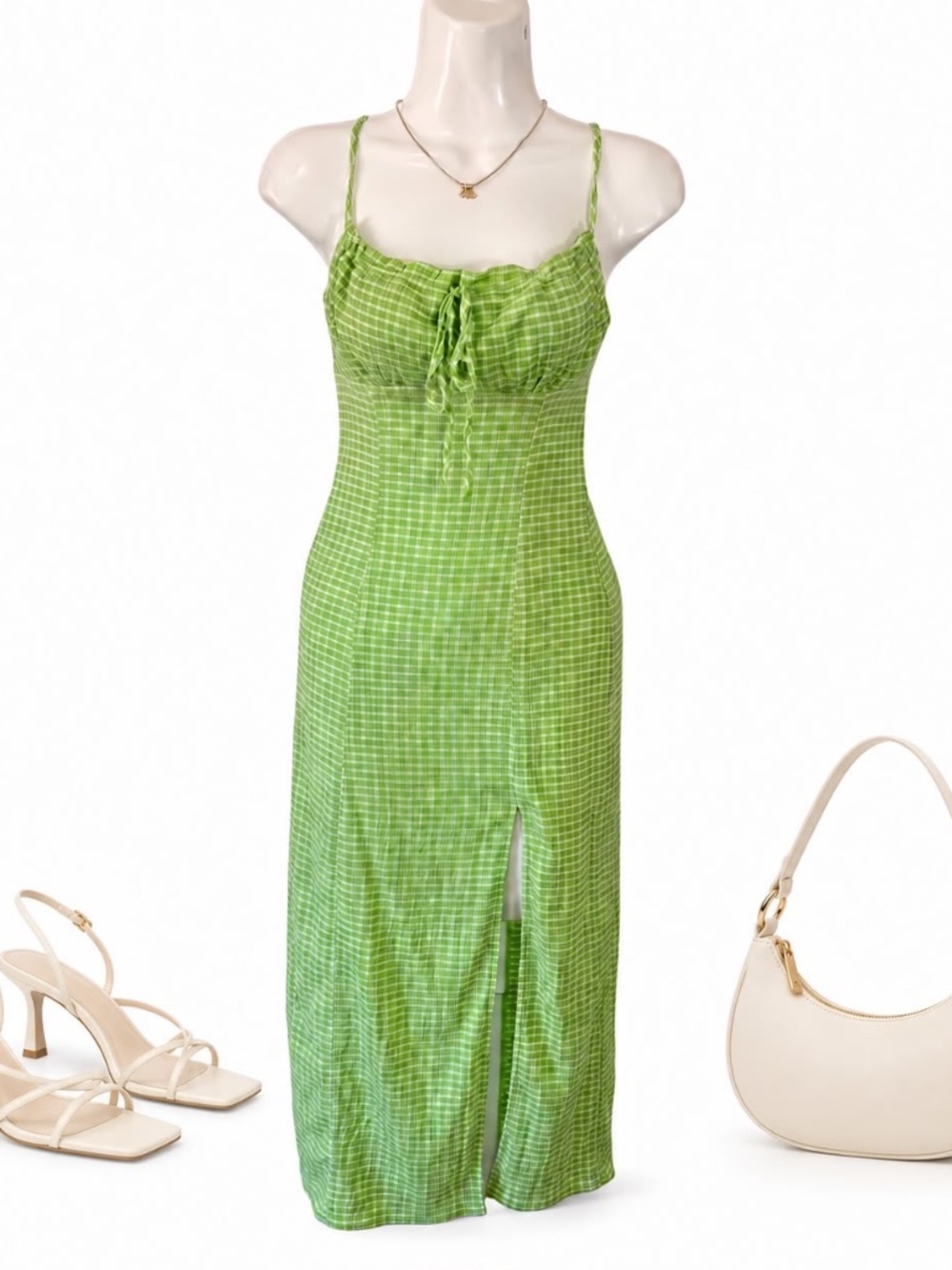 Forever 21 Green Gingham Ruched Midi Dress Size S